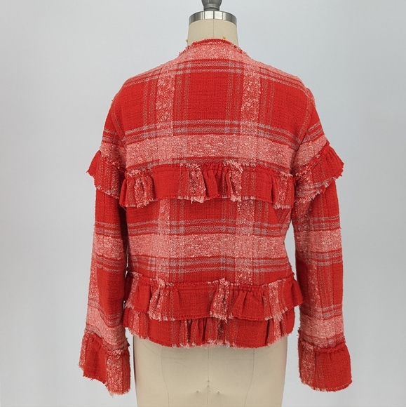 Zara Tweed Plaid Jacket Red S ruffle fringe cotton bohemian hippie retro casual - Picture 2 of 7